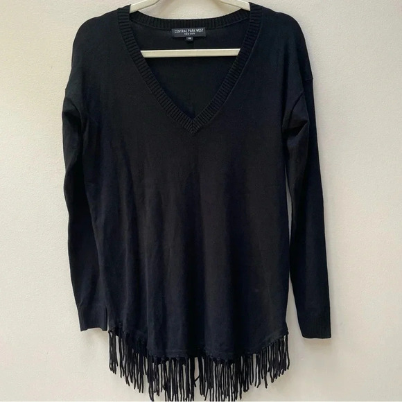 Revolve Central Park West Oversized Black Fringe Long Sleeve V Neck Top Size XS - Picture 1 of 5